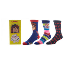 Load image into Gallery viewer, mannequin displaying three different kinds of chucky socks. from left to right: full body chucky mid calf crew sock, wanna play? striped mid calf crew sock, all black with red chucky logo mid calf crew socks
