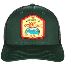 Load image into Gallery viewer, green hat with &quot;welcome to camp crystal lake&quot; patch on front center
