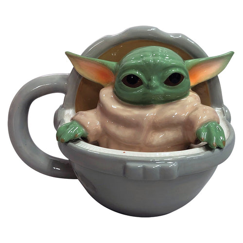 Ceramic sculpted mug of Grogu (baby Yoda) inside sleeping basket