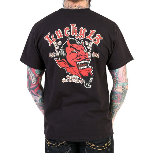 back of Black Lucky 13 t-shirt with a full back print of the 