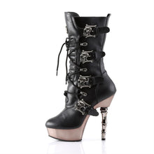 Load image into Gallery viewer, outer side view of black vegan leather, 5.5&quot; silver finger bone heel 1.5&quot; platform lace up calf high boot features skull buckle straps and has full inner side zip
