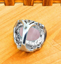 Load image into Gallery viewer, under side of Silver colored ring with oval natural pink quartz stone.
