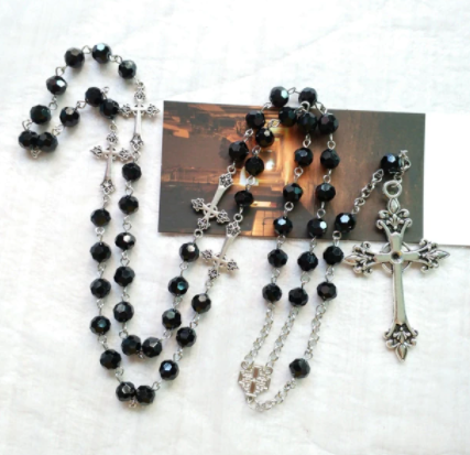 Black/Silver Rosary Necklace w/ Silver Hanging Cross