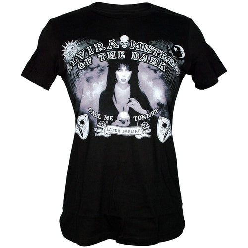 front of Black t-shirt with Elvira Mistress Of The Dark Spirit Board design printed on front. Cotton.