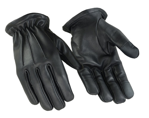 Water resistant glove made with premium drum dyed Aniline cowhide, touch screen finger tips, plain palm, elastic wrist back for secure fit and sleek 3 seam design