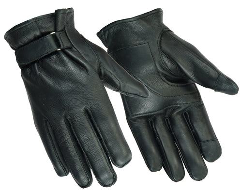 Black leather water resistant glove made with premium drum dyed Aniline cowhide, touch screen finger tips, gel palm and adjustable wrist strap.