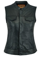 Load image into Gallery viewer, women&#39;s black leather back panel concealment vest with two side pockets and two snap closure breast pockets with hidden snap closure
