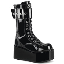 Load image into Gallery viewer, outer view of Black patent vinyl 3 1/2&quot; platform lace-up mid-calf boot with ornamental inner and outer zipper details, oversized buckle strap and back zip closure.

