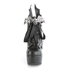 Load image into Gallery viewer, front view of 5&quot; wedge platform Wedge ankle bootie style boot Features wrap around studded &amp; spike straps Bat buckle detail Chain with various hanging charms Batwing detail up the back Inside metal zip closure.
