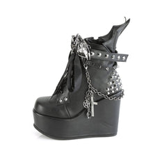 Load image into Gallery viewer, inner view of 5&quot; wedge platform Wedge ankle bootie style boot Features wrap around studded &amp; spike straps Bat buckle detail Chain with various hanging charms Batwing detail up the back Inside metal zip closure.

