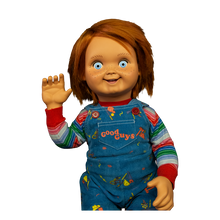 Load image into Gallery viewer, front of Chucky doll replicated from Child&#39;s Play 2. Classic overalls, striped shirt, and good guys shoes.
