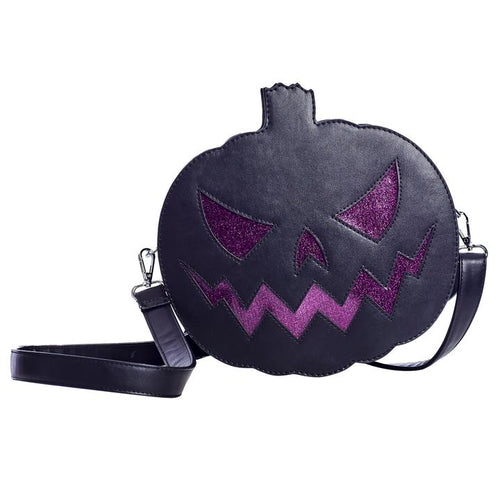 Matte black vinyl jack o lantern purse with sparkly glitter vinyl stitched details. Purse has adjustable strap, zip closure, leopard print satin lining and a zippered pocket on the inside. Can be worn as a cross body bag, or on the shoulder.