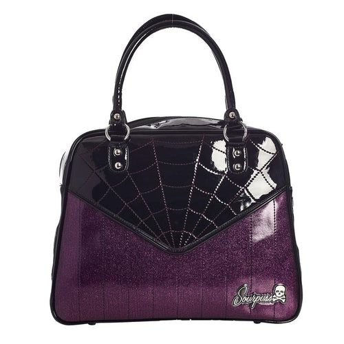 Glossy black vinyl and purple stitched spider webbing, along with contrast purple glitter panel with backseat stitching. Generously sized and can double as an overnight bag, complete with satin leopard liner and signature metal Sourpuss emblem and reinforced studded handles.