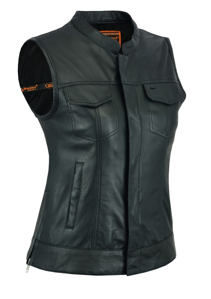 women's black leather back panel concealment vest with two side pockets and two snap closure breast pockets with hidden snap closure
