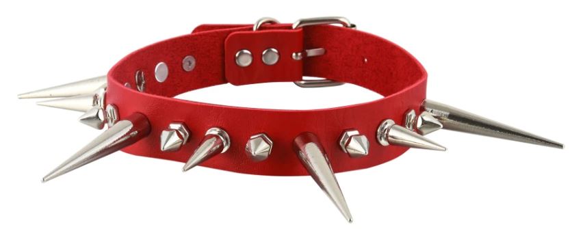 Red vegan leather collar with small, medium and large spikes.