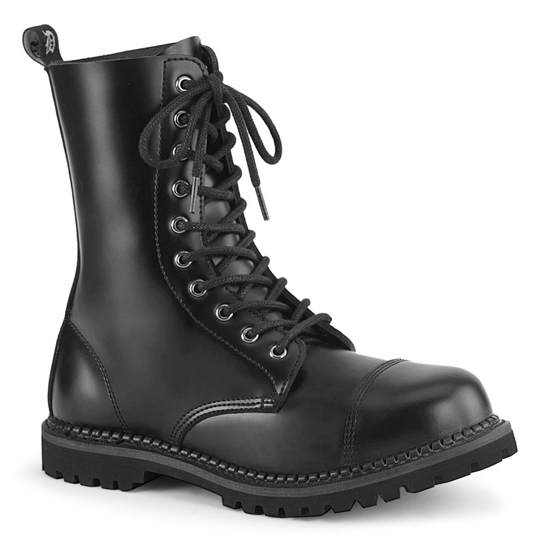 right side view of black real leather 10 eyelet steel toe boot