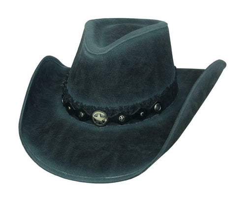 Faded black denim cowboy hat with diamond shaped leather strap around base of hat with silver star pendant on front