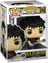 Load image into Gallery viewer, picture of pop doll in display box of billie joe armstrong from green day - wearing all black clothes with a red tie, holding a bass guitar
