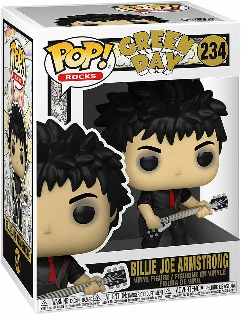 picture of pop doll in display box of billie joe armstrong from green day - wearing all black clothes with a red tie, holding a bass guitar