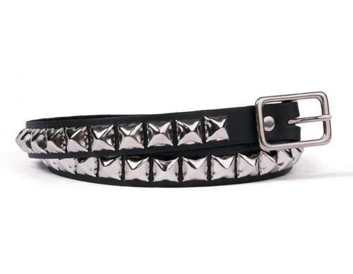 black leather belt with single row of multiple silver pyramid studs