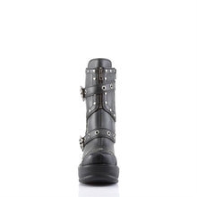 Load image into Gallery viewer, front view of black Vegan leather 3.5&quot; chromed heel 1.5&quot; molded platform Multi strap studded ankle boot With full inner side zipper
