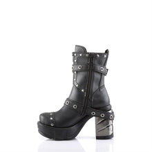 Load image into Gallery viewer, inner side view of black Vegan leather 3.5&quot; chromed heel 1.5&quot; molded platform Multi strap studded ankle boot With full inner side zipper
