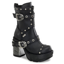 Load image into Gallery viewer, outer side view of black Vegan leather 3.5&quot; chromed heel 1.5&quot; molded platform Multi strap studded ankle boot With full inner side zipper

