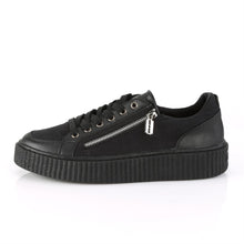 Load image into Gallery viewer, outer side view of 1.5&quot; platform rubber sole Low top round toe lace-up front creeper sneaker Features ornamental silver metal zippers on sides w/ razor blade zipper heads
