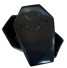 Load image into Gallery viewer, Coffin shaped black box made from ceramic and has a molded bat on the lid.
