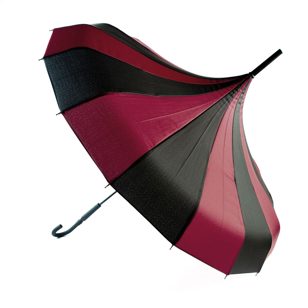 side view of vintage-inspired classic shape, gothy victorian black and burgundy striped umbrella, featuring a domed top to shield you from the rain or sun, with a slender, black J-shaped handle.