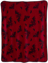 Load image into Gallery viewer, burgundy fleece blanket with black trim, featuring a black bats pattern.
