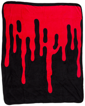 Load image into Gallery viewer, Black fleece throw blanket with red blood drip print.
