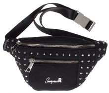 Load image into Gallery viewer, front view of Black canvas fanny pack features a durable canvas body accented by stud detailing. Zip closure, with interior and exterior zippered pockets, and an adjustable nylon strap with metal buckle. Fanny pack has additional front zipper pocket, and additional back zipper pocket.
