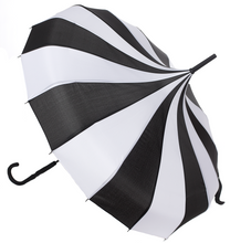 Load image into Gallery viewer, side view of Vintage-inspired classic shape, gothy victorian black and white striped umbrella, featuring a domed top to shield you from the rain or sun, with a slender, black J-shaped handle.
