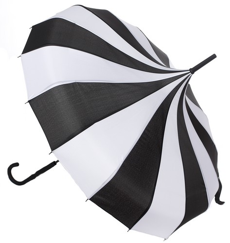 side view of Vintage-inspired classic shape, gothy victorian black and white striped umbrella, featuring a domed top to shield you from the rain or sun, with a slender, black J-shaped handle.