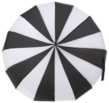 Load image into Gallery viewer, top view of Vintage-inspired classic shape, gothy victorian black and white striped umbrella, featuring a domed top to shield you from the rain or sun, with a slender, black J-shaped handle.
