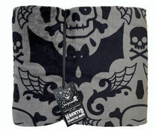 Load image into Gallery viewer, Spooky skulls, bats and webs black and gray damask pattern fleece throw blanket.
