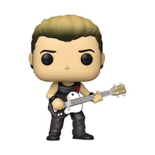 Load image into Gallery viewer, pop figure of mike dirnt from green day doll has all black clothes, red guitar strap and black/white bass guitar
