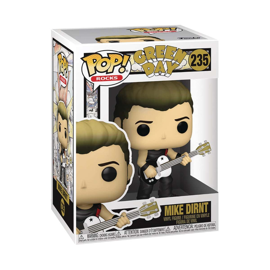 pop figure in box of mike dirnt from green day doll has all black clothes, red guitar strap and black/white bass guitar
