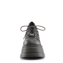 Load image into Gallery viewer, front view of black vegan leather 4 3/4&quot; platform wedge Lace-up front
