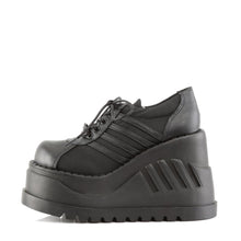 Load image into Gallery viewer, inner side view of black vegan leather 4 3/4&quot; platform wedge Lace-up front
