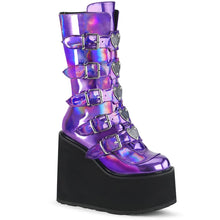 Load image into Gallery viewer, outer side view of vegan vinyl purple hologram 5 1/2&quot; wedge platform Mid-calf boot Features 5 buckle straps w/ heart shaped metal plates at center with back metal zip closure
