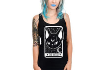 Load image into Gallery viewer, women&#39;s Black tank top with black cat with half moon on head, tarot card design with text on the bottom that reads &quot;the witch&quot;
