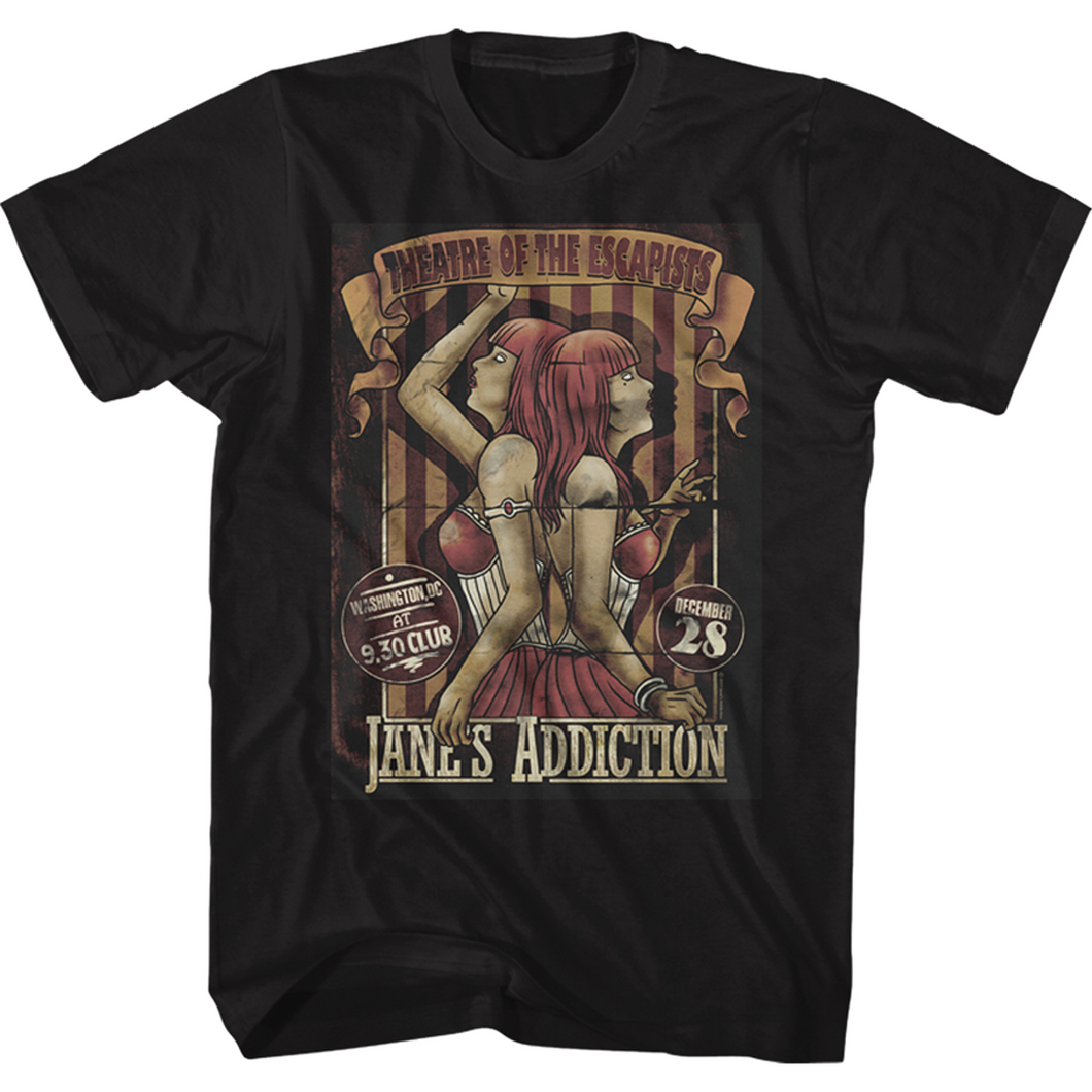 black unisex jane's addiction shirt with text on the top that reads 