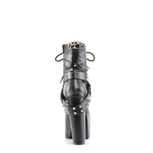 Load image into Gallery viewer, back side view of black vegan leather 5 1/2&quot; heel 3&quot; platform Lace-up front Ankle boot Features wrap around buckled straps with spikes &amp; eyelets and heart O-ring on vamp with Inside zip closure
