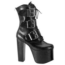 Load image into Gallery viewer, outer side view of black vegan leather 5 1/2&quot; heel 3&quot; platform Goth punk cyber gogo style Ankle boot Features 3 buckles on the outer side with Full inner side zipper
