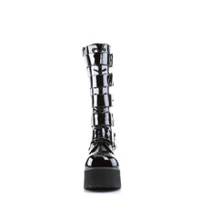 Load image into Gallery viewer, front side view of black vinyl patent shiny 3 1/4&quot; platform Goth punk style knee high boot with 5 adjustable buckle straps from top to bottom with full inner side zipper
