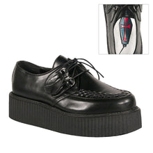 Load image into Gallery viewer, outer side view of black vegan leather 2&quot; platform with hidden coffin shaped sole compartment
