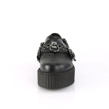 Load image into Gallery viewer, front side view of black vegan leather 2 inch platform creeper with O ring design on the front and adjustable straps on both sides of front of shoe, with hidden lace up underneath and bat ring adjustable strap on outside of shoe. has secret hidden coffin shaped compartment underneath sole cover inside shoe
