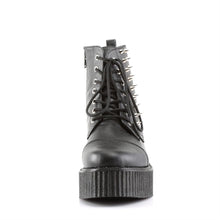 Load image into Gallery viewer, front side view of black vegan leather 2&quot; platform Lace-up front creeper ankle boot w/ spikes at outer side and full inside zip closure. has hidden coffin shaped stash box underneath sole cover inside shoe
